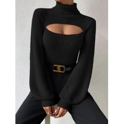 Women's Turtleneck Cut Out Lantern Sleeves Solid Color Chunky Pullover Sweater Women's Turtleneck Cut Out Lantern Sleeves Solid Color Chunky Pullover Sweater